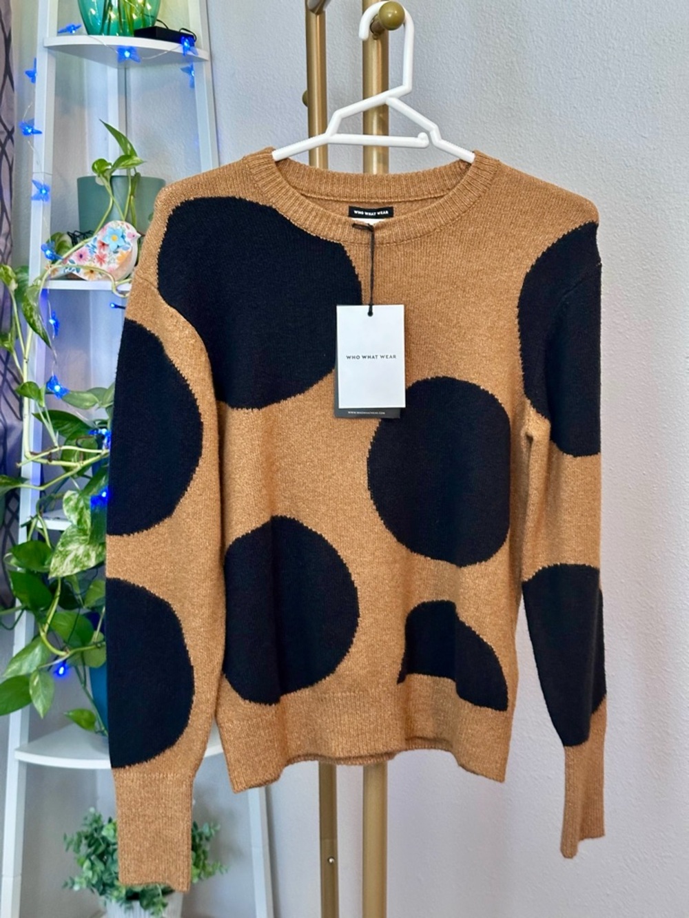 Who What Wear Camel and Black Polka Dot Crewneck Sweater